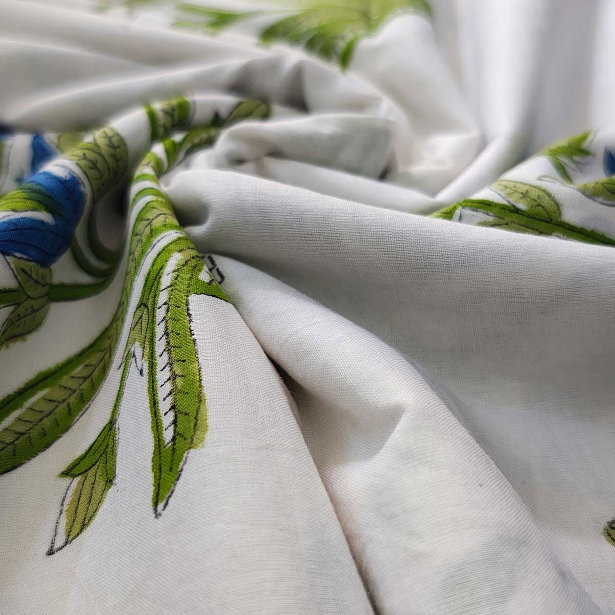 Handmade Bagru Print Textile – Green Floral Print Cotton Material