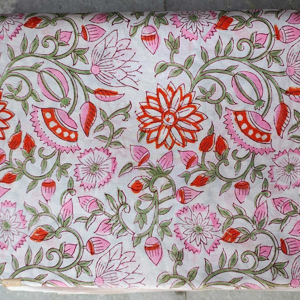 Sanganeri Hand Block Print Cotton Fabric – White And Orange Floral Print