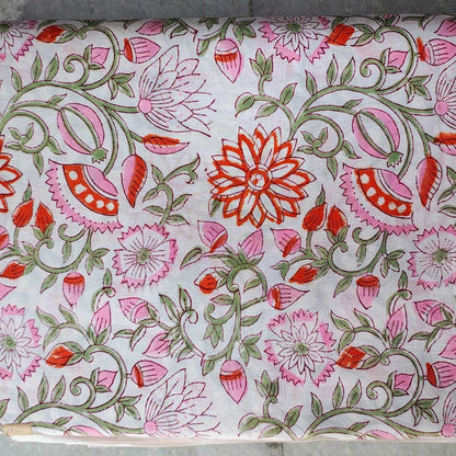 Sanganeri Hand Block Print Cotton Fabric – White And Orange Floral Print