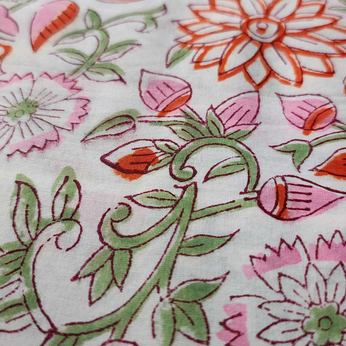 Handmade Bagru Print Textile – White Floral Print Cotton Material