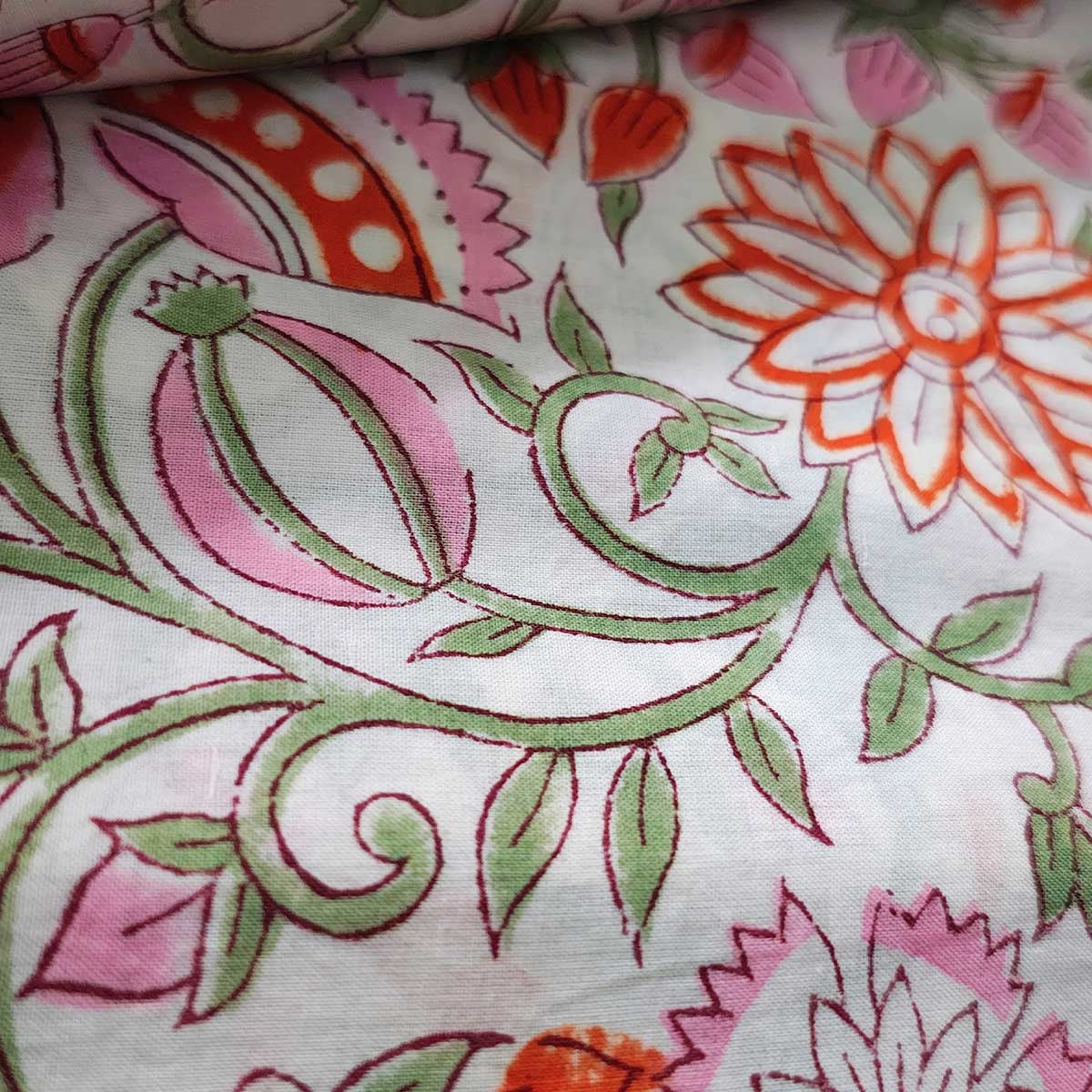 Handmade Bagru Print Textile – White Floral Print Cotton Material