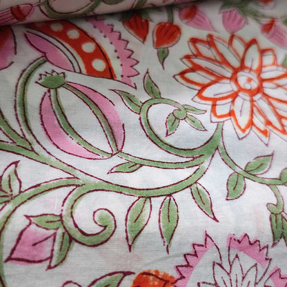 Sanganeri Hand Block Print Cotton Fabric – White And Orange Floral Print