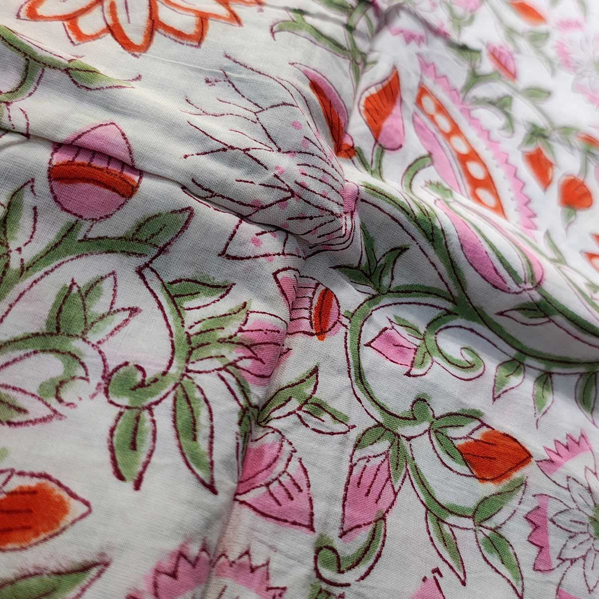 Handmade Bagru Print Textile – White Floral Print Cotton Material