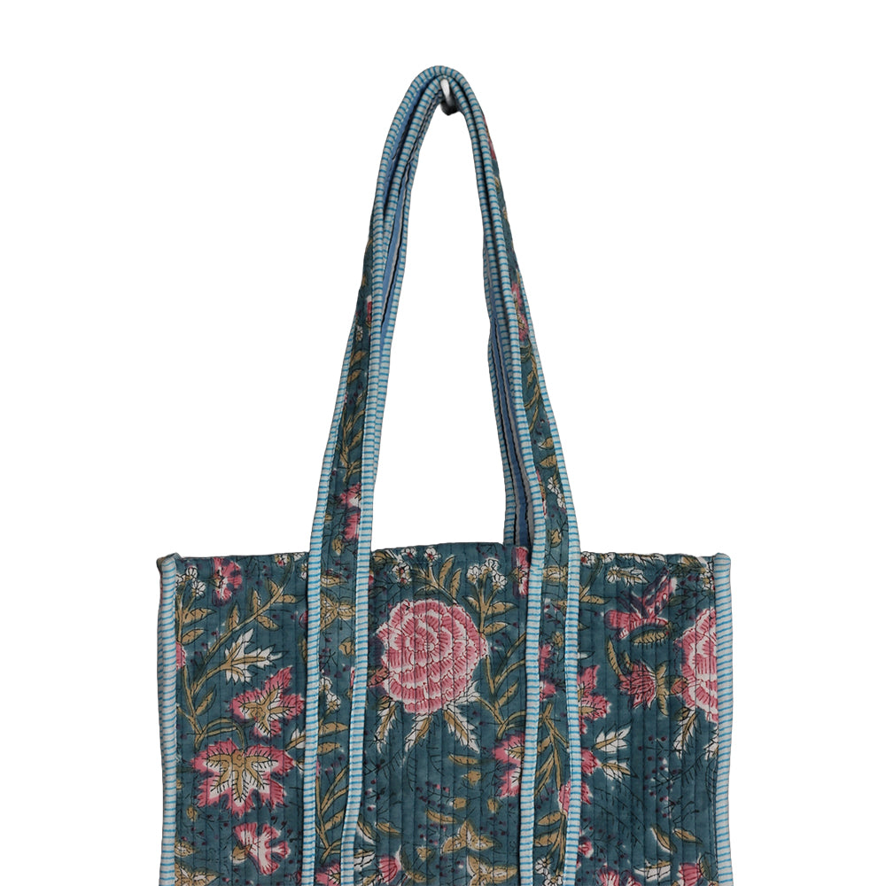 Handmade Block Print Cotton Quilted Tote Bag – Teal Floral