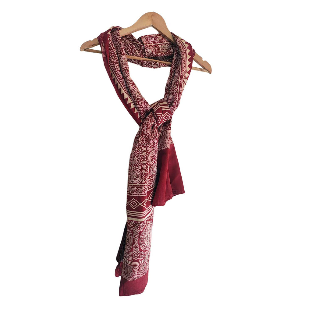 Ajrakh Hand Block Print Red Color Viscose Stole | Traditional Geometric Print | L220 X W55 cm