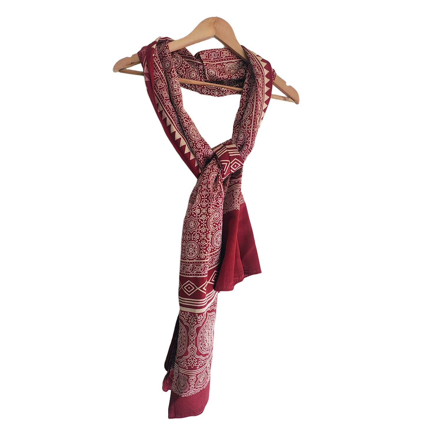 Ajrakh Hand Block Print Red Color Viscose Stole | Traditional Geometric Print | L220 X W55 cm