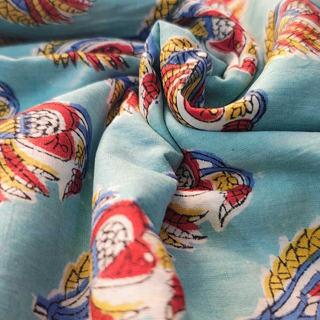 Handmade Bagru Print Textile –  Sky Blue Floral Print Cotton Material