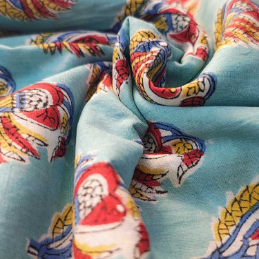Sanganeri Hand Block Print Cotton Fabric – Sky Blue Floral Print