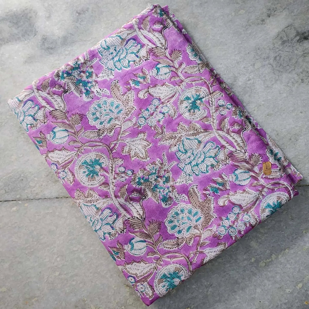 Sanganeri Hand Block Print Cotton Fabric – Lavender Floral Print
