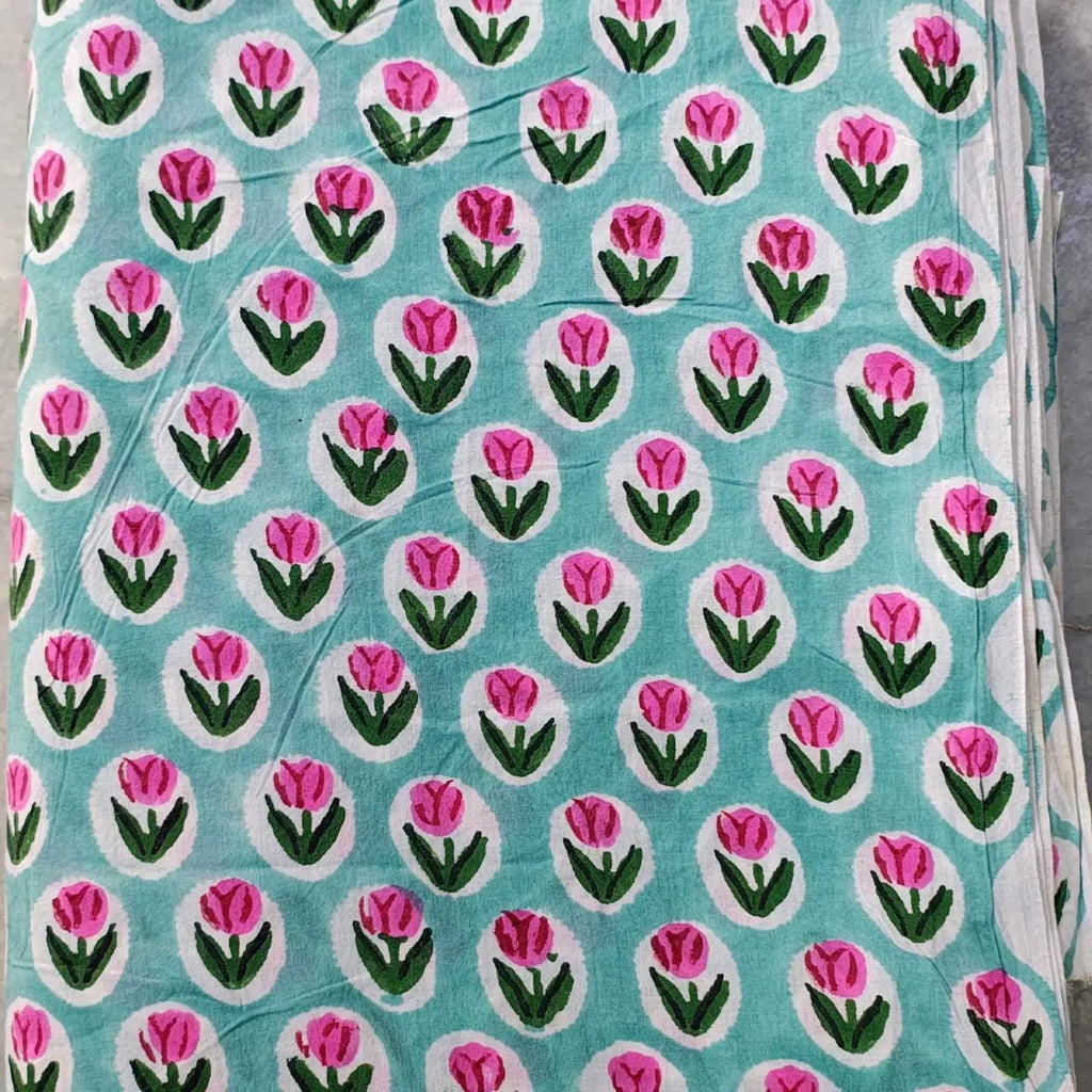 Sanganeri Hand Block Print Cotton Fabric – Light Blue Floral Print