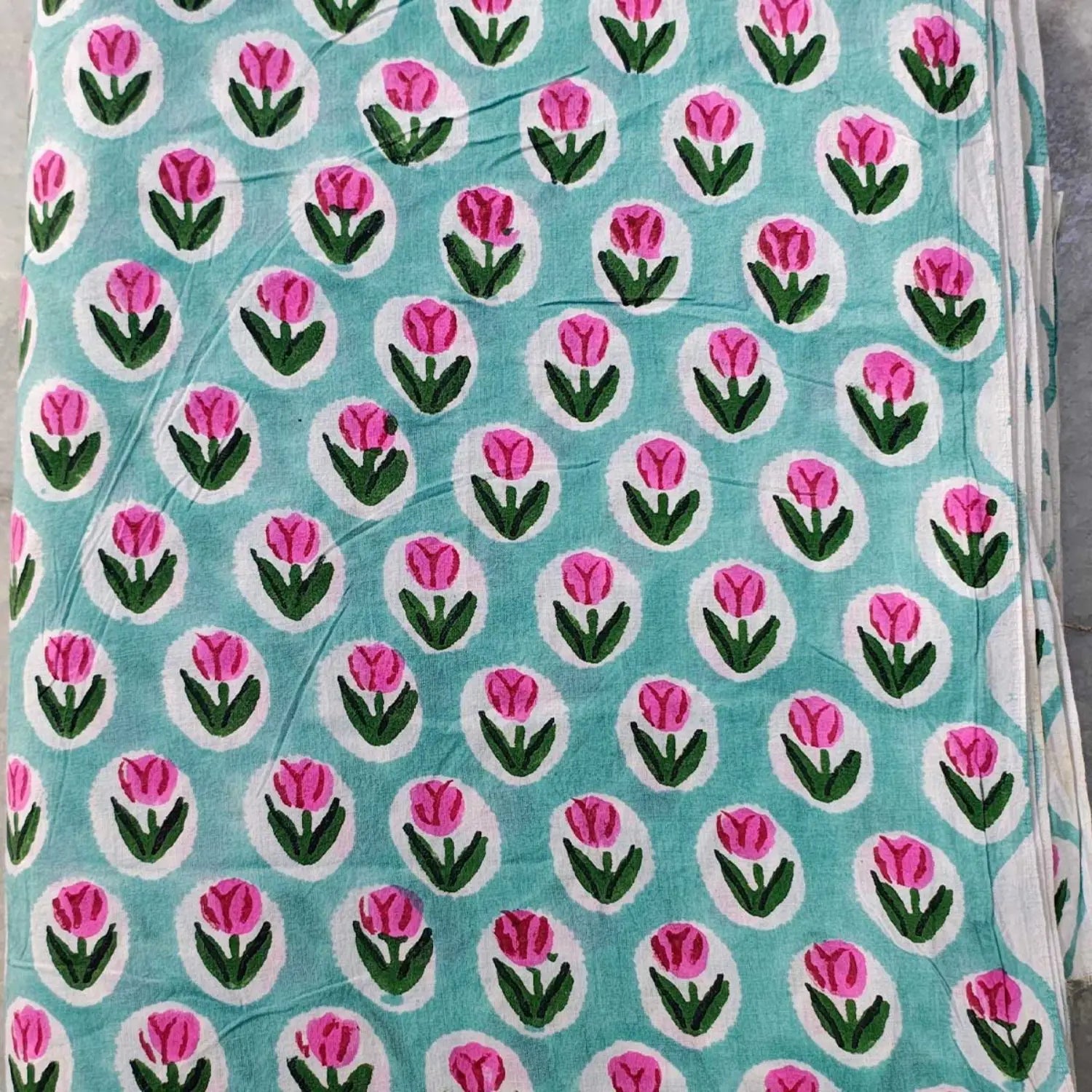 Handmade Bagru Print Textile – Light Blue Floral Print Cotton Material