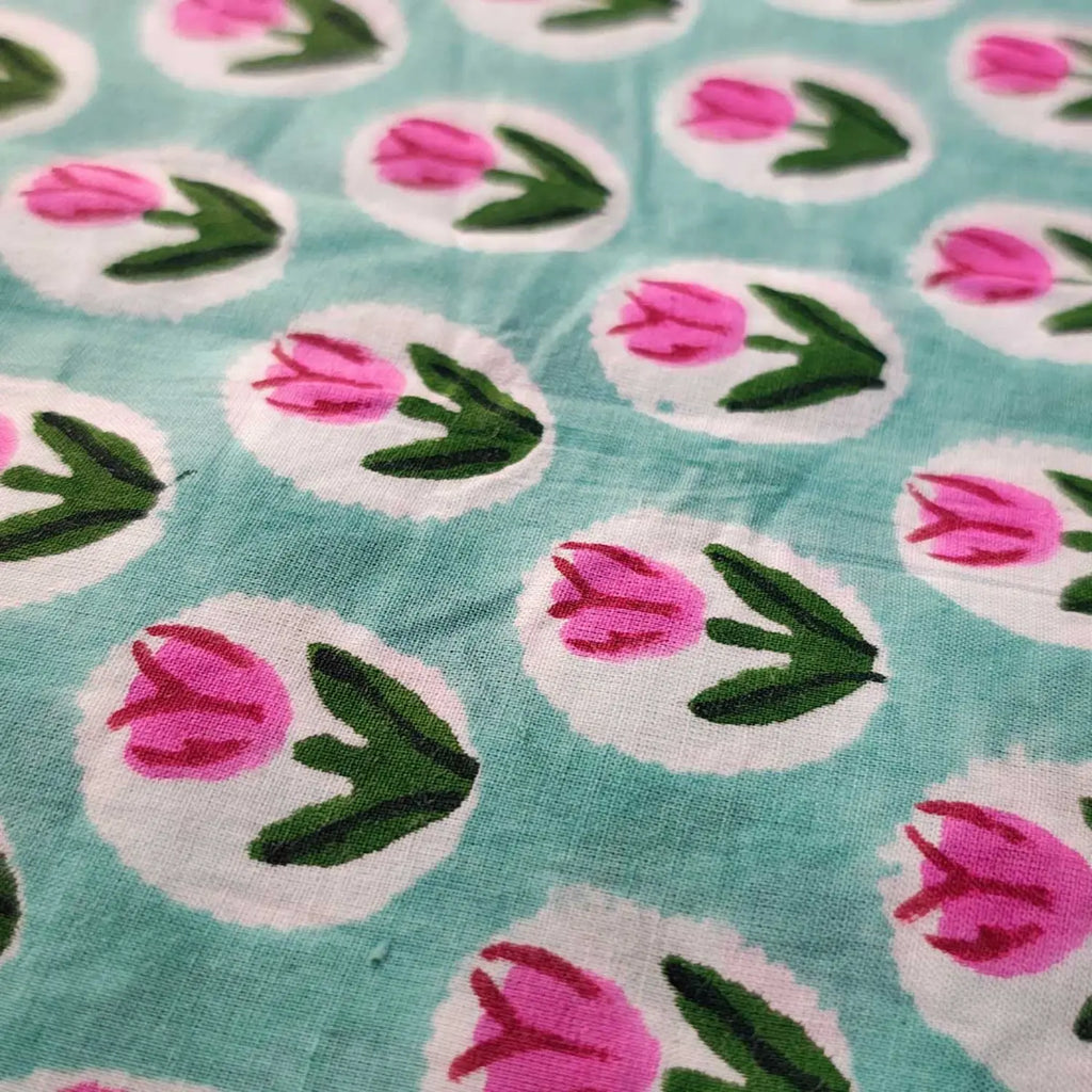 Sanganeri Hand Block Print Cotton Fabric – Light Blue Floral Print