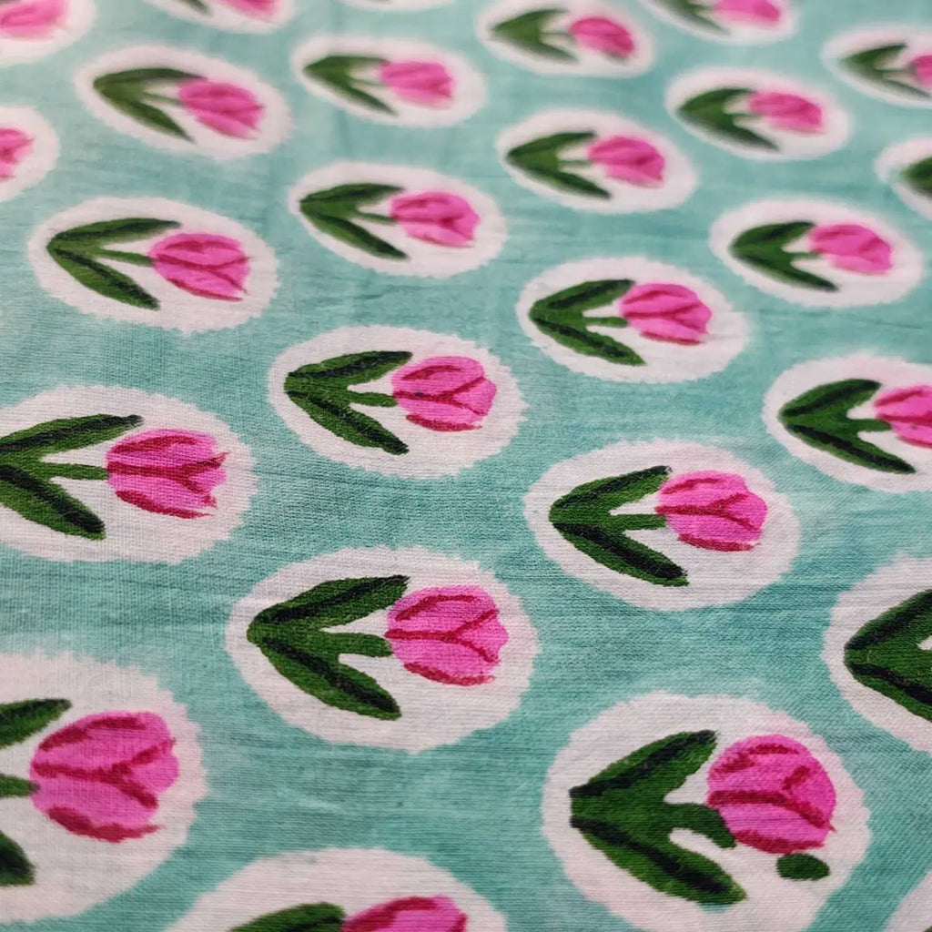 Sanganeri Hand Block Print Cotton Fabric – Light Blue Floral Print