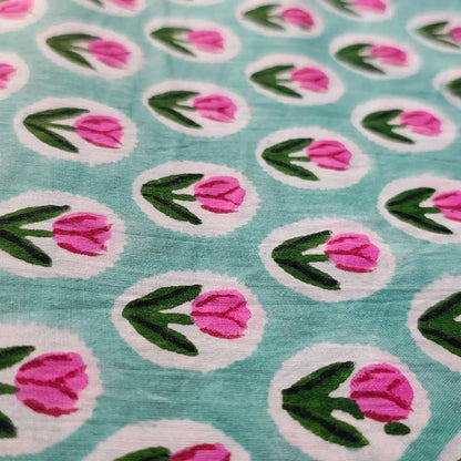 Sanganeri Hand Block Print Cotton Fabric – Light Blue Floral Print