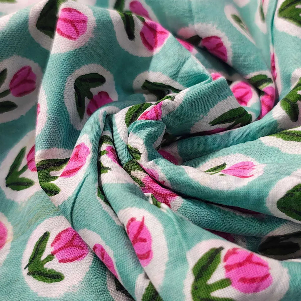 Sanganeri Hand Block Print Cotton Fabric – Light Blue Floral Print