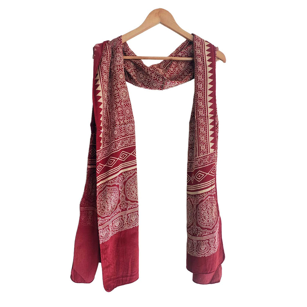 Ajrakh Hand Block Print Red Color Viscose Stole | Traditional Geometric Print | L220 X W55 cm