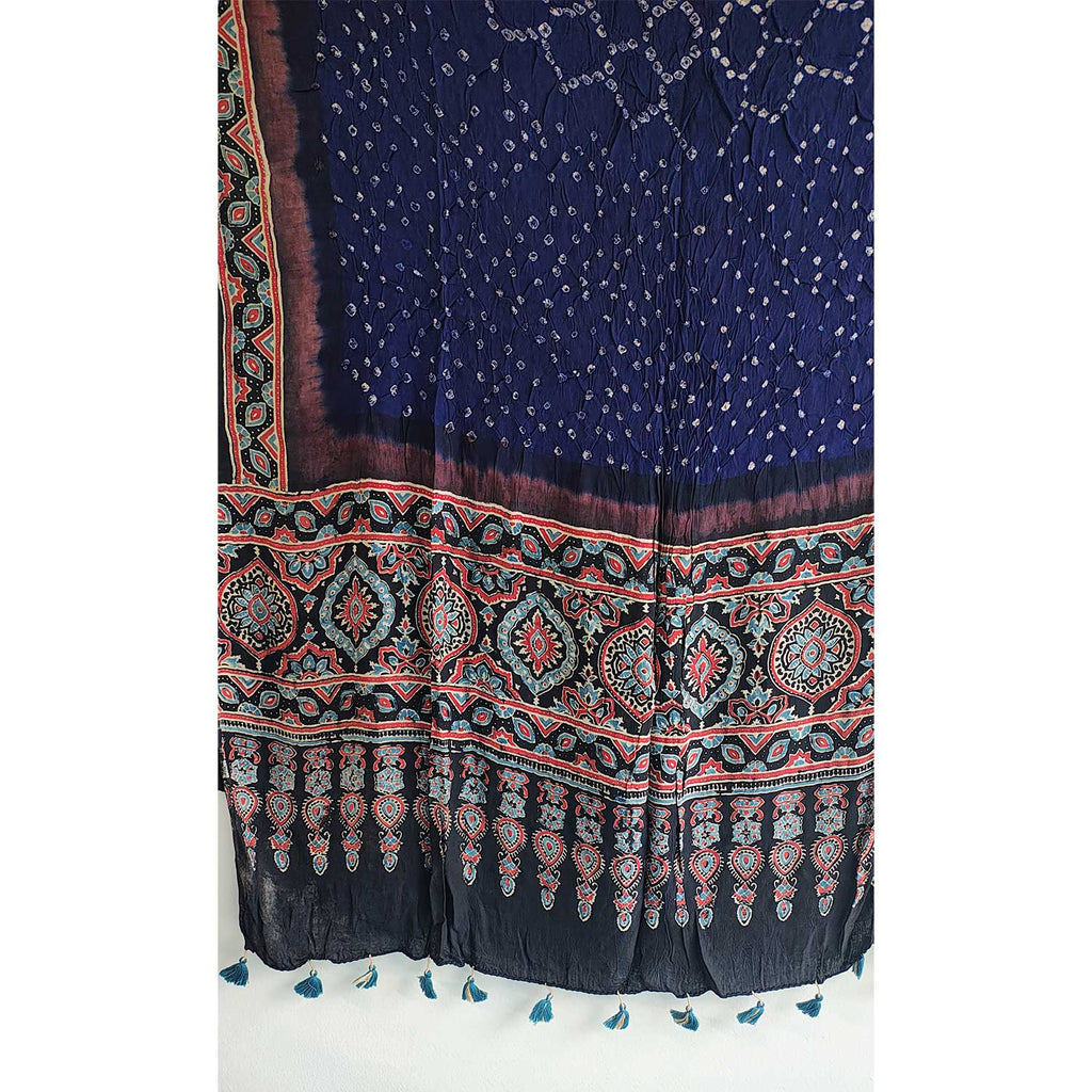 Kutch Bandhani Tie-Dye Pure Silk  Bandhani  Ajrakh Block Printing Dupatta With Zari: An Artistic Fusion of Heritage and Style