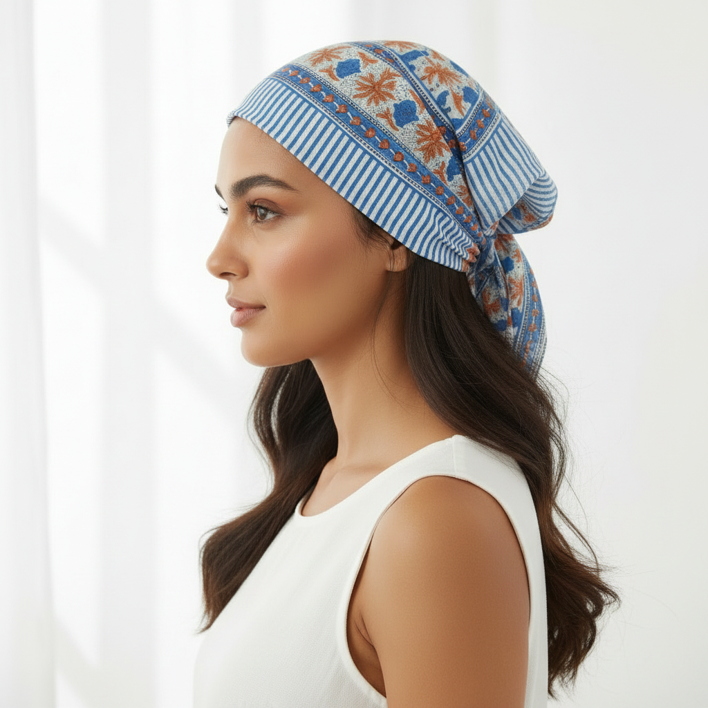 Woman wearing a blue patterned headscarf on a white background
