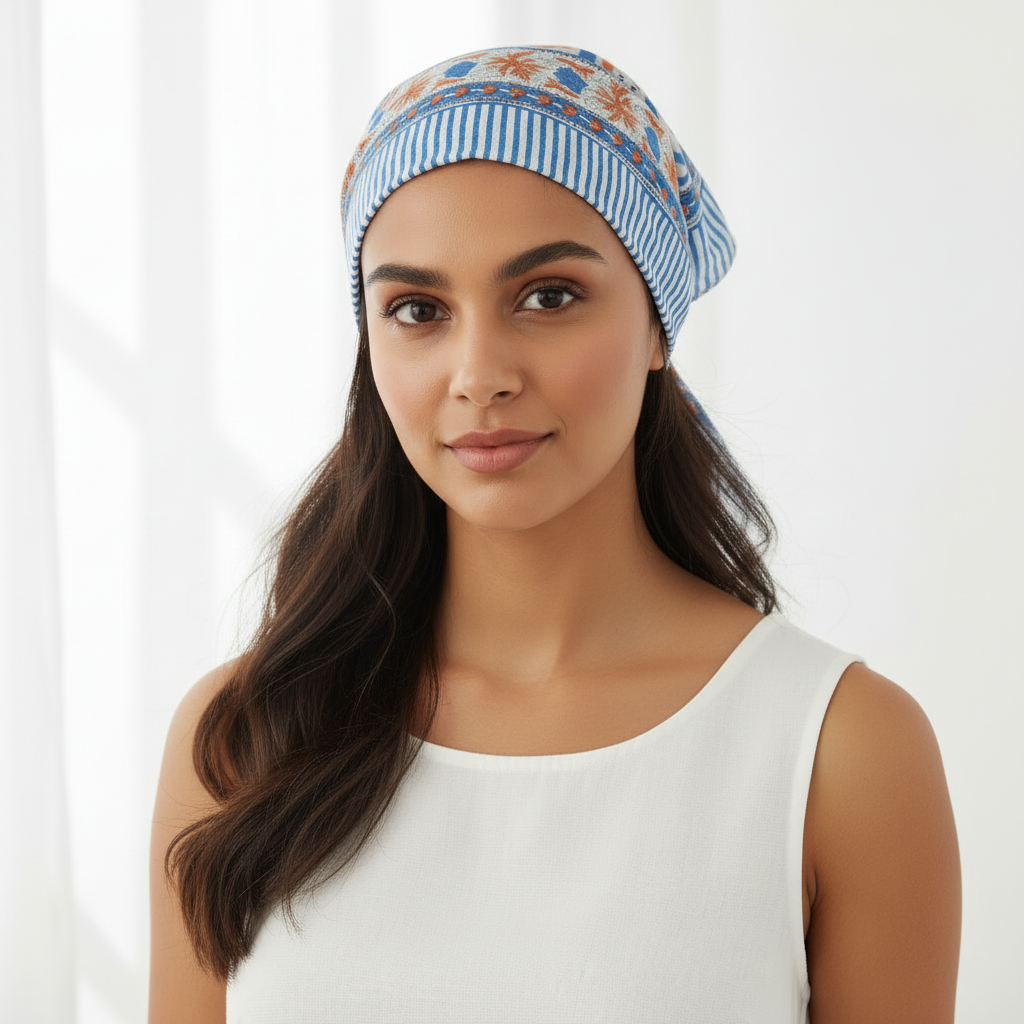 Woman wearing a blue and white patterned headscarf on a white background