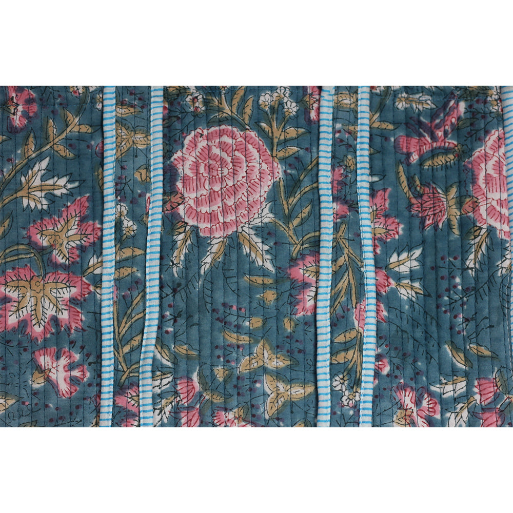 Handmade Block Print Cotton Quilted Tote Bag – Teal Floral