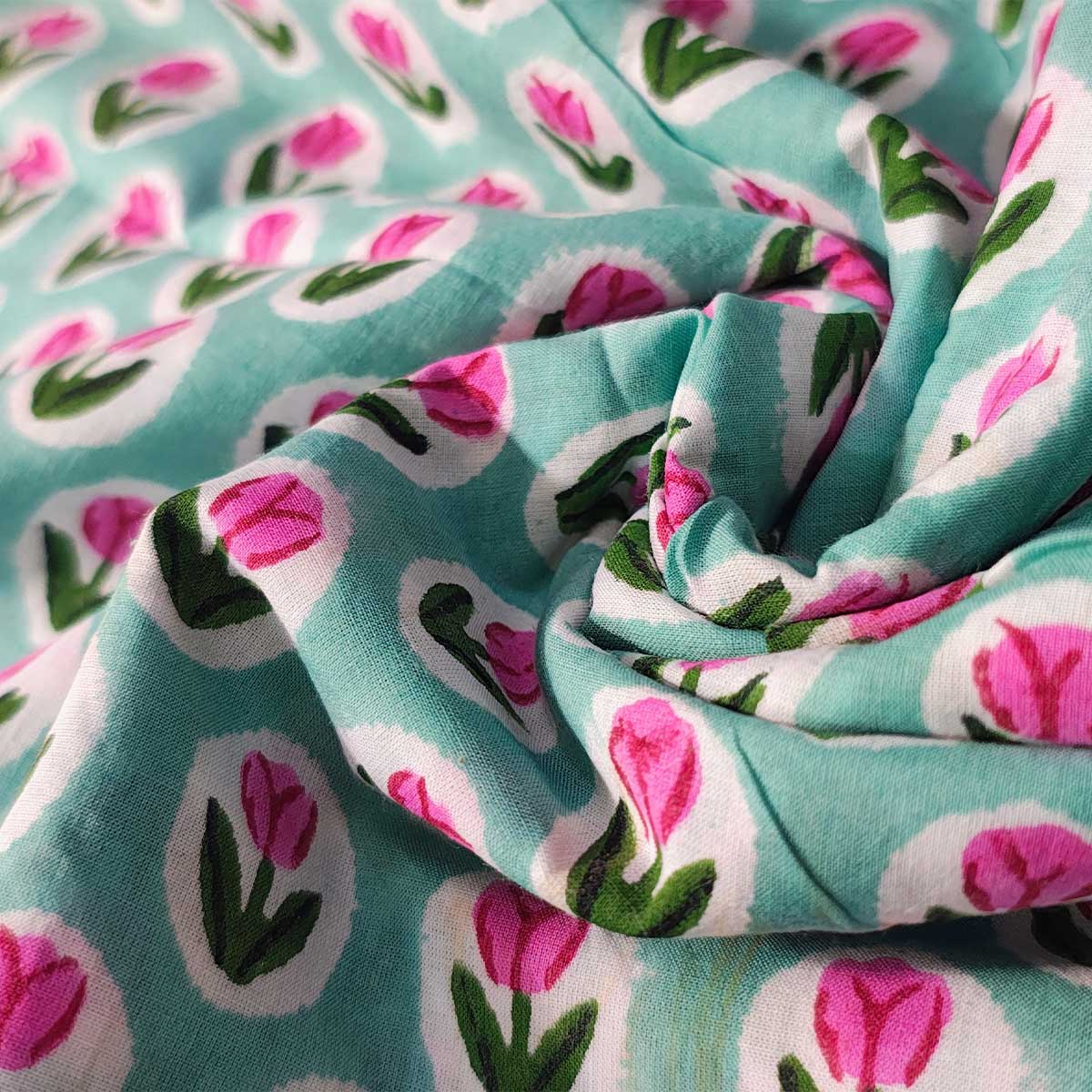 Handmade Bagru Print Textile – Light Blue Floral Print Cotton Material