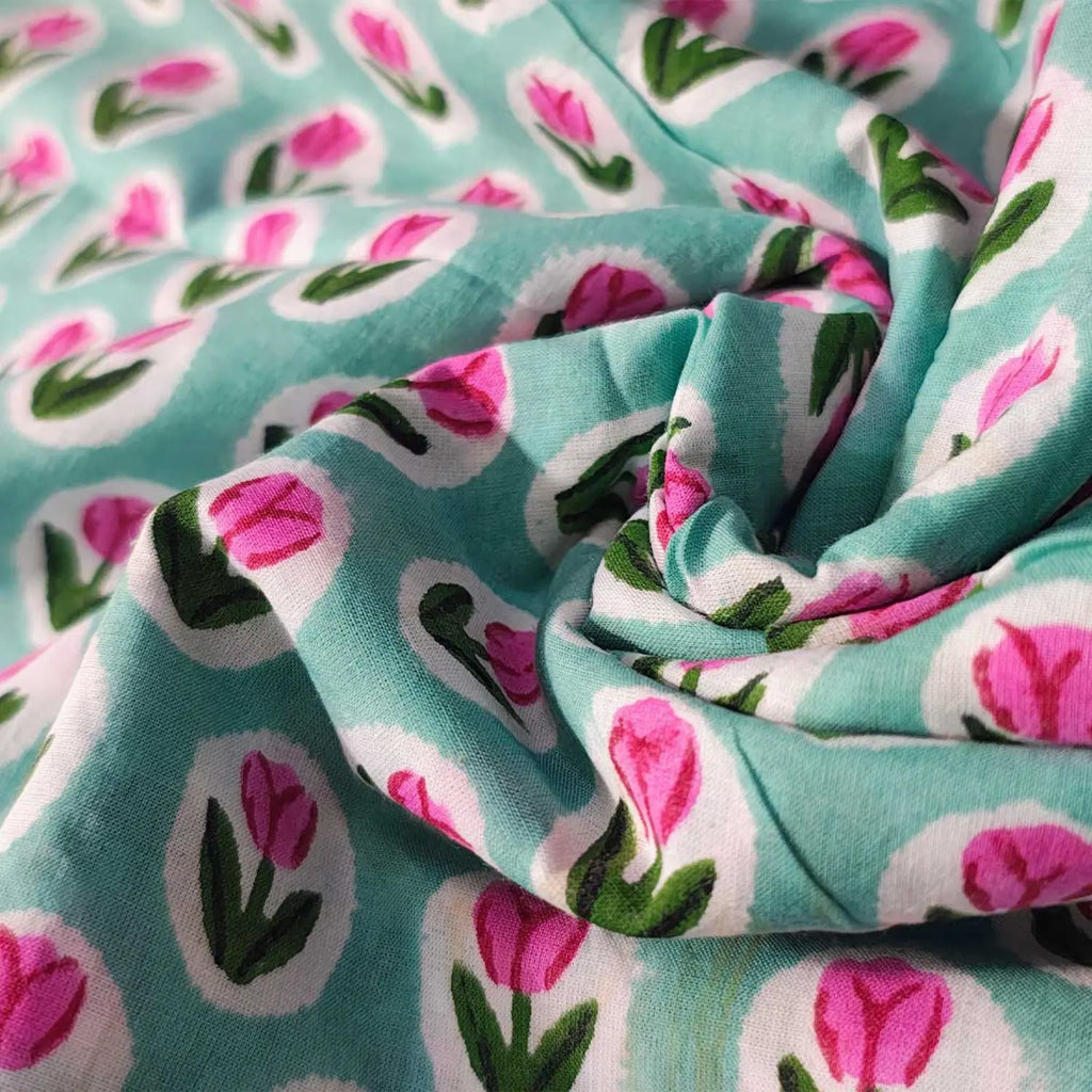 Sanganeri Hand Block Print Cotton Fabric – Light Blue Floral Print