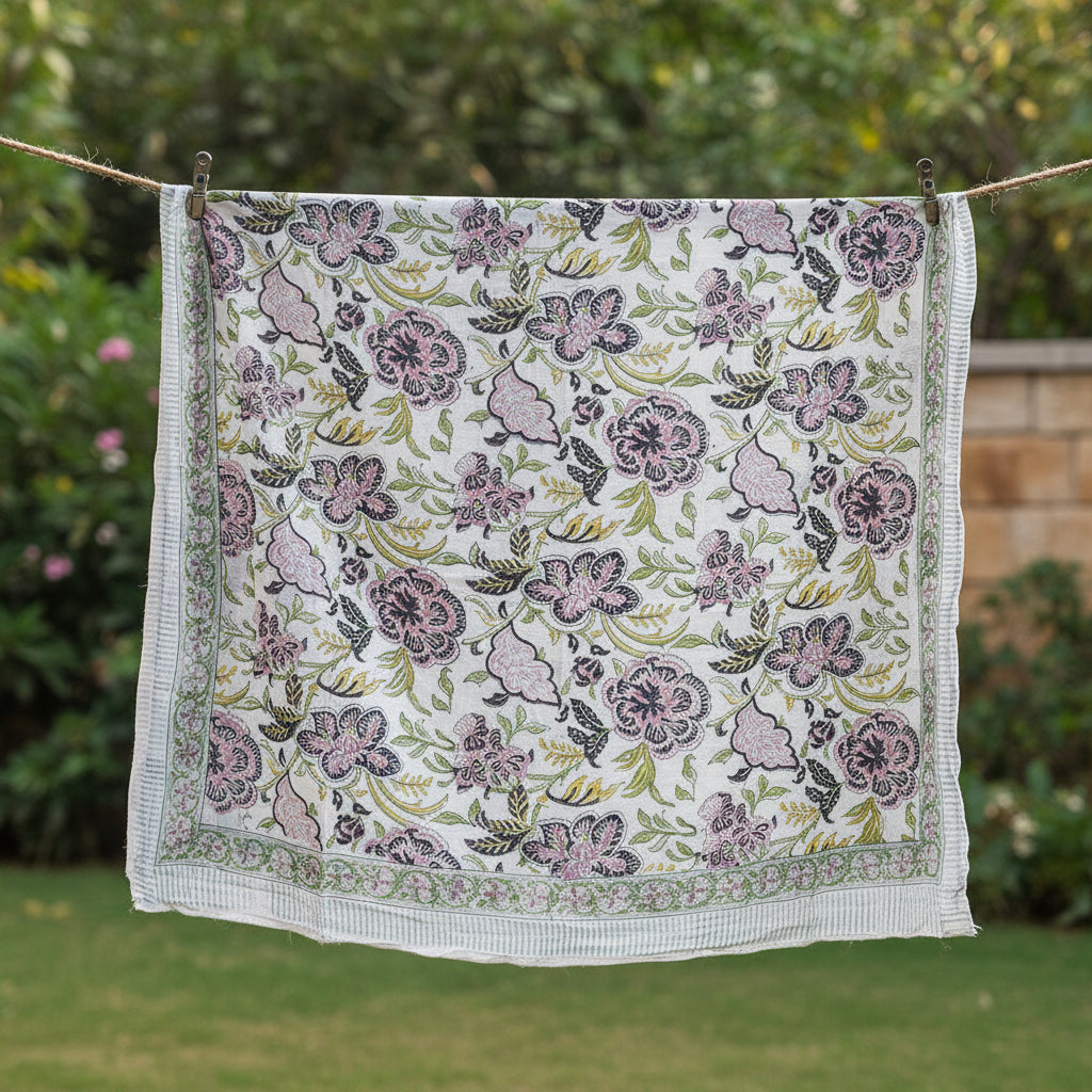 Floral patterned fabric with greenery on a white background