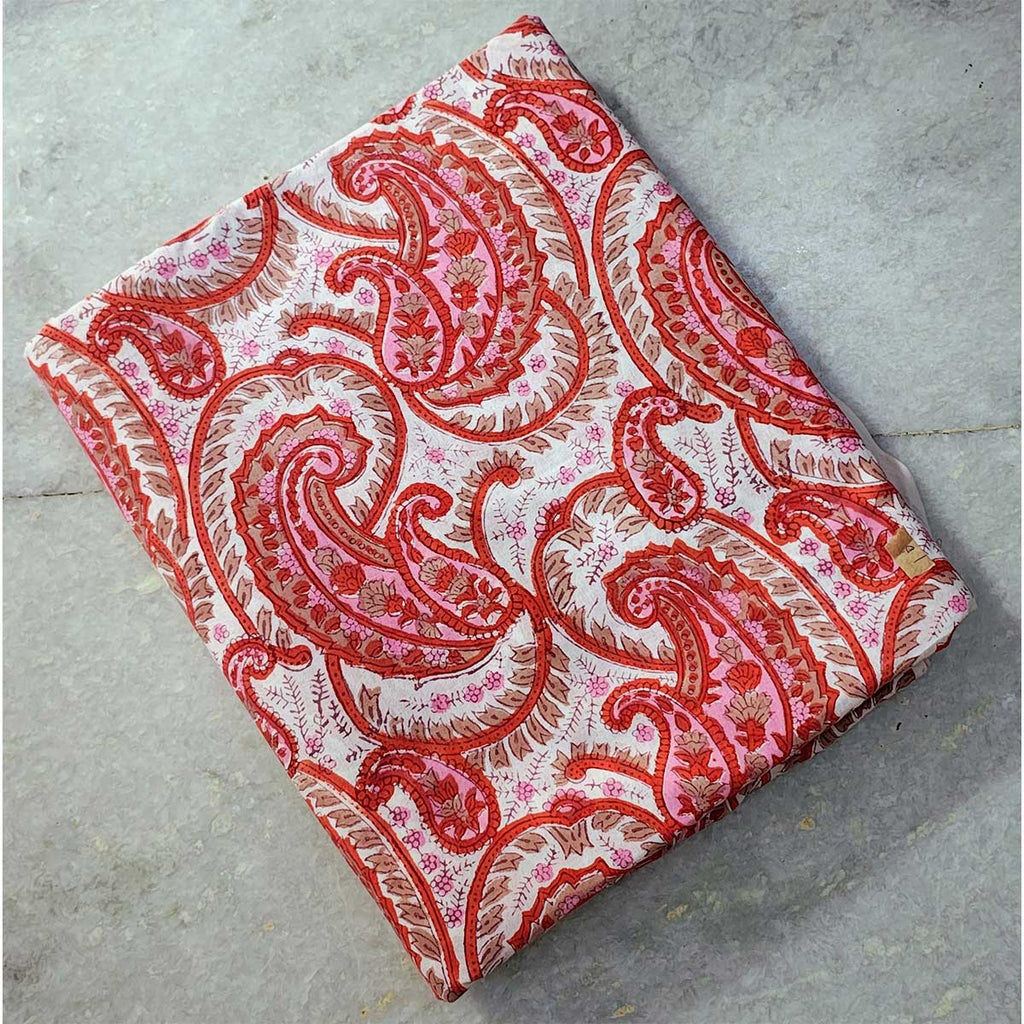 Handmade Bagru Print Textile – White And Orange Floral Print Cotton Material