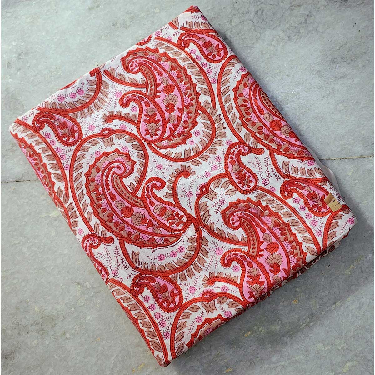Handmade Bagru Print Textile – White And Orange Floral Print Cotton Material