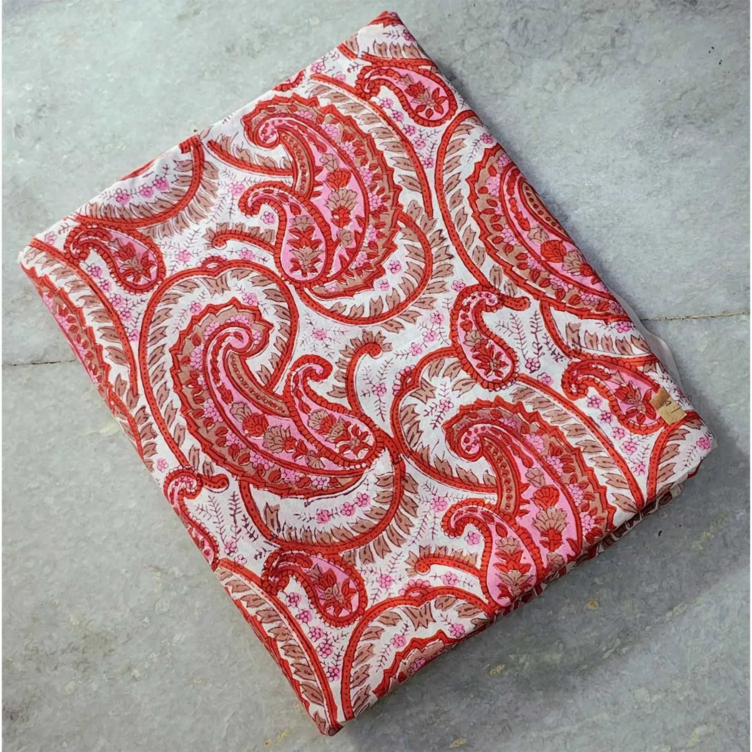 Handmade Bagru Print Textile – White And Orange Floral Print Cotton Material