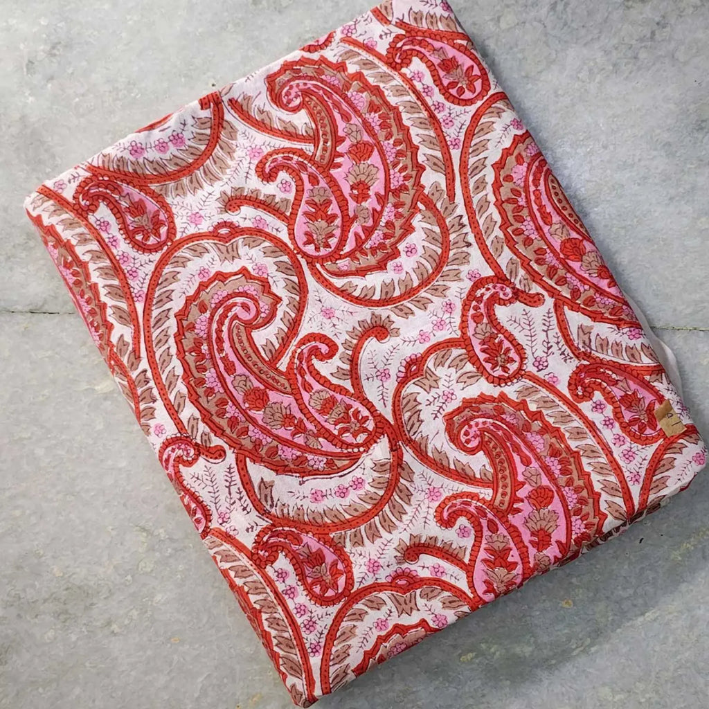 Sanganeri Hand Block Print Cotton Fabric – White And Orange Floral Print