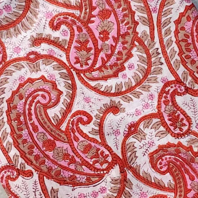 Sanganeri Hand Block Print Cotton Fabric – White And Orange Floral Print