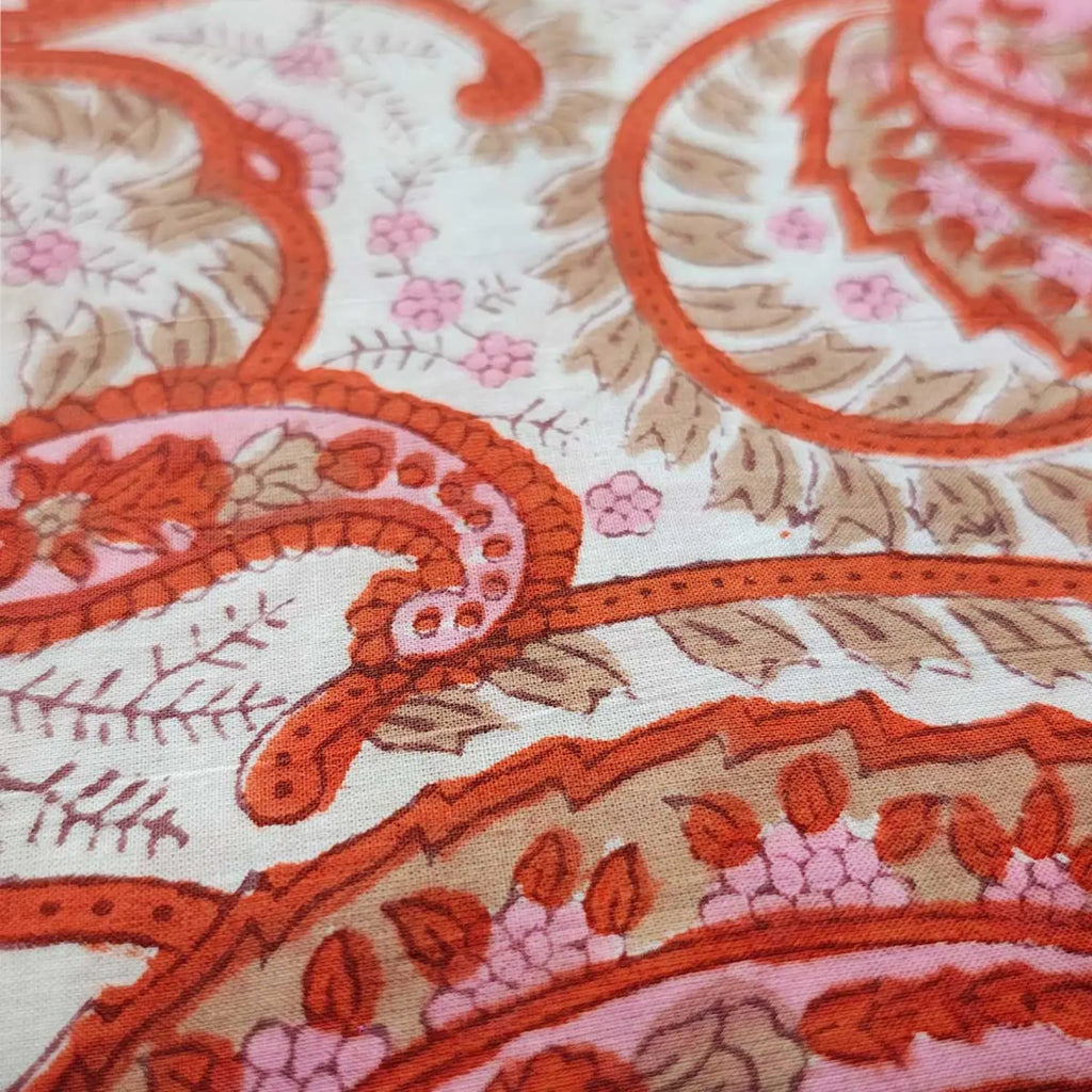 Sanganeri Hand Block Print Cotton Fabric – White And Orange Floral Print