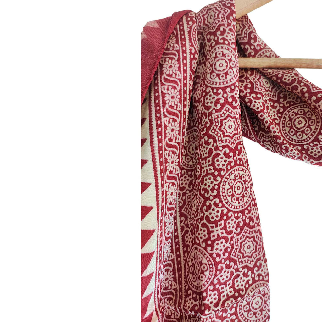 Ajrakh Hand Block Print Red Color Viscose Stole | Traditional Geometric Print | L220 X W55 cm