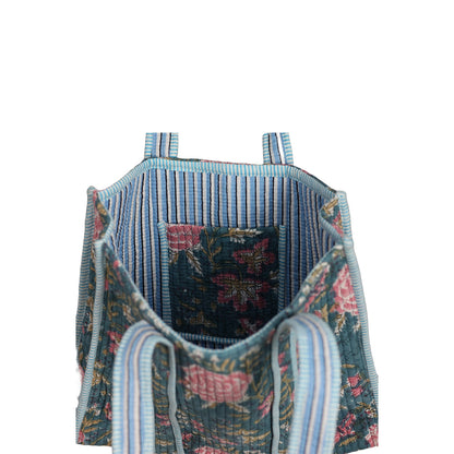 Handmade Block Print Cotton Quilted Tote Bag – Teal Floral