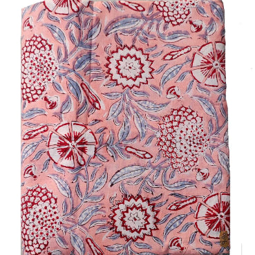 Handmade Bagru Print Textile –  Baby Pink Floral Print Cotton Material