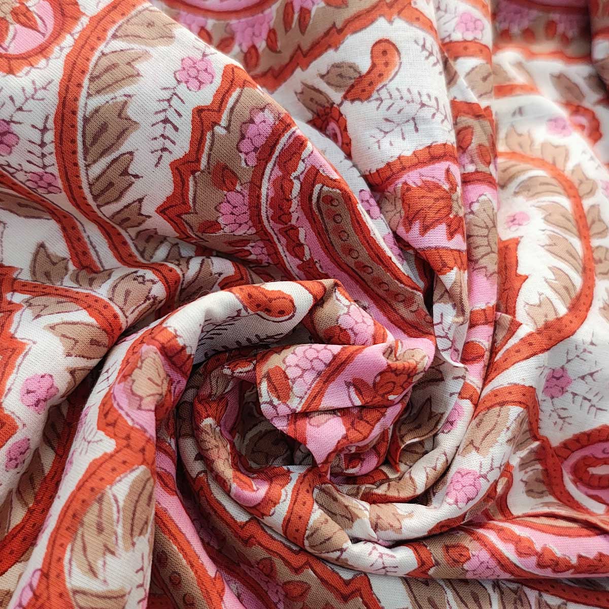 Handmade Bagru Print Textile – White And Orange Floral Print Cotton Material