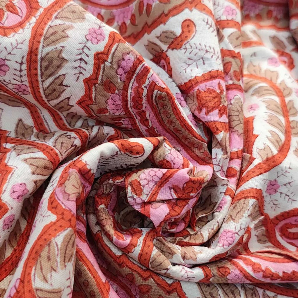 Sanganeri Hand Block Print Cotton Fabric – White And Orange Floral Print