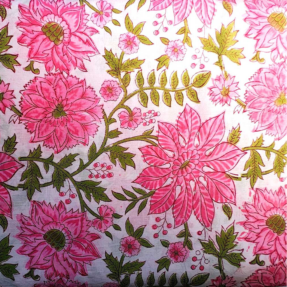 Sanganeri Hand Block Print Cotton Fabric – Pink And White Floral Print