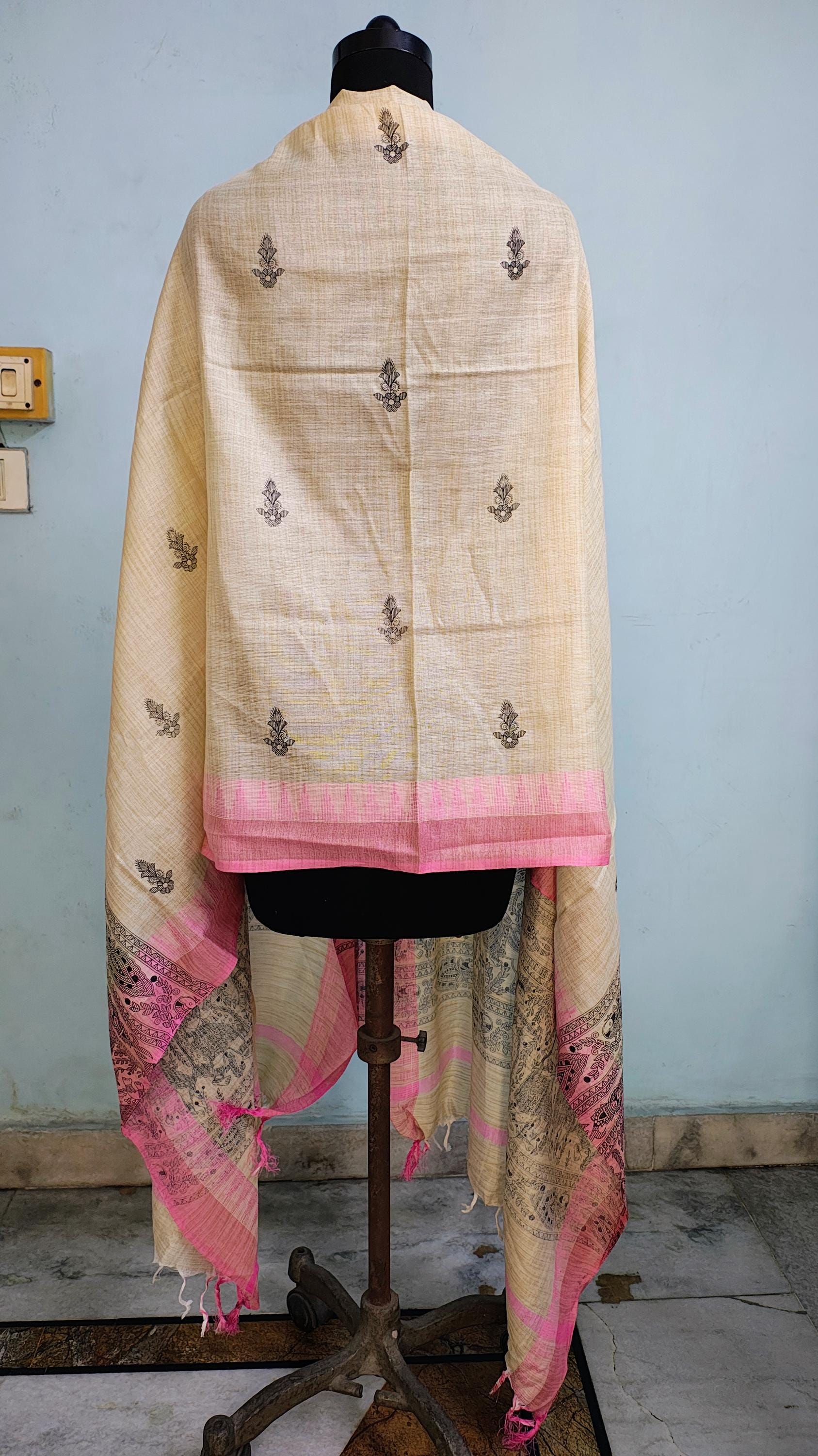 Hand Painted Madhubani Tussar Ghicha Silk Dupatta with Pink Border