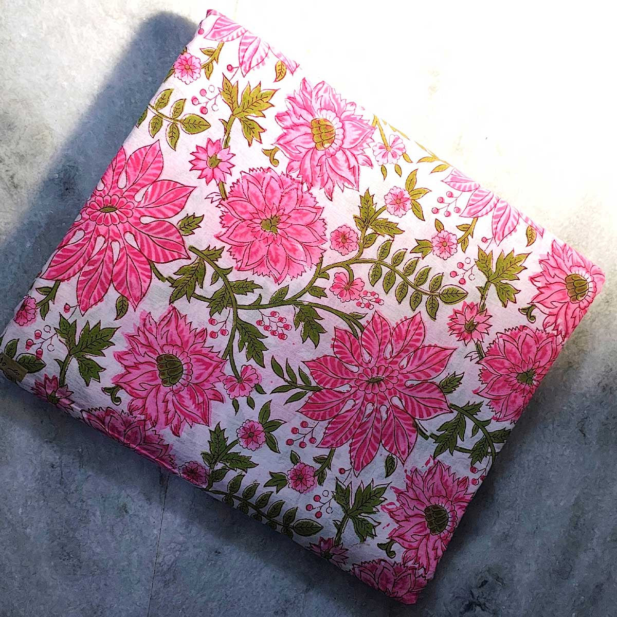 Handmade Bagru Print Textile – Pink And White Floral Print Cotton Material