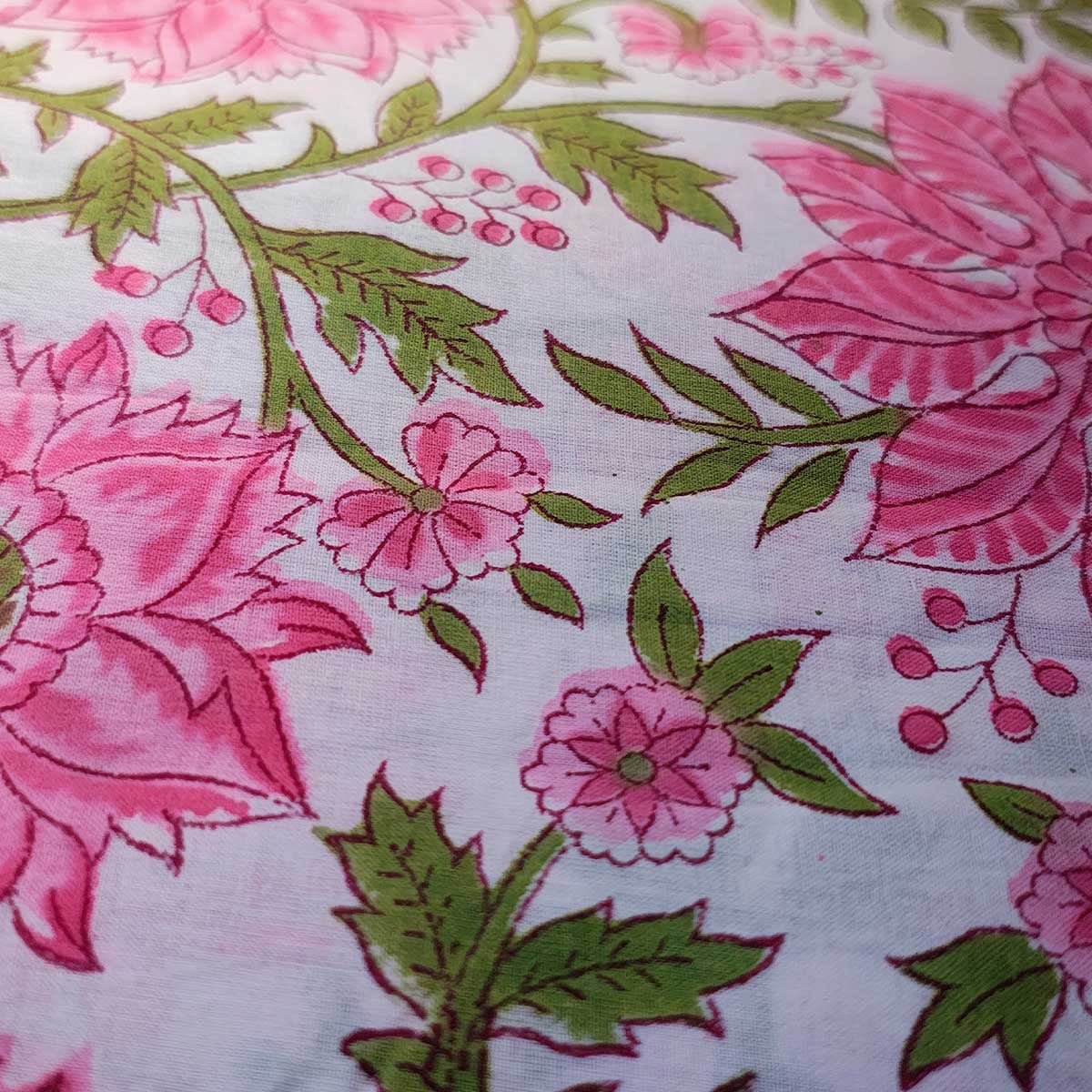 Handmade Bagru Print Textile – Pink And White Floral Print Cotton Material