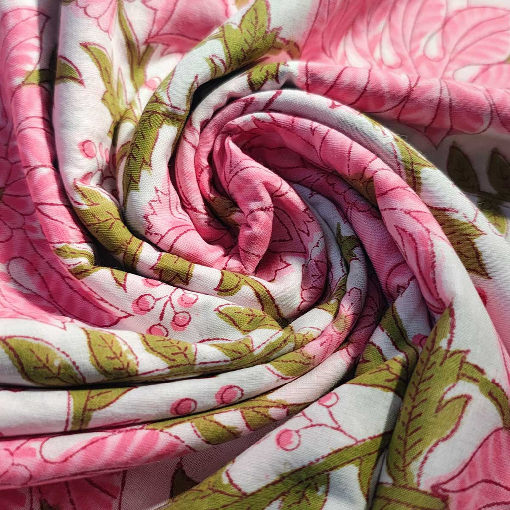 Handmade Bagru Print Textile – Pink And White Floral Print Cotton Material