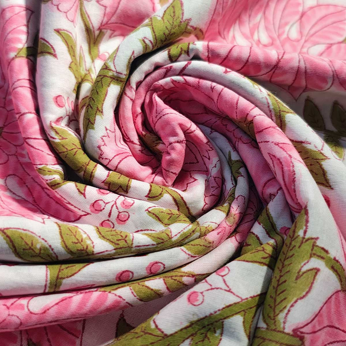 Handmade Bagru Print Textile – Pink And White Floral Print Cotton Material