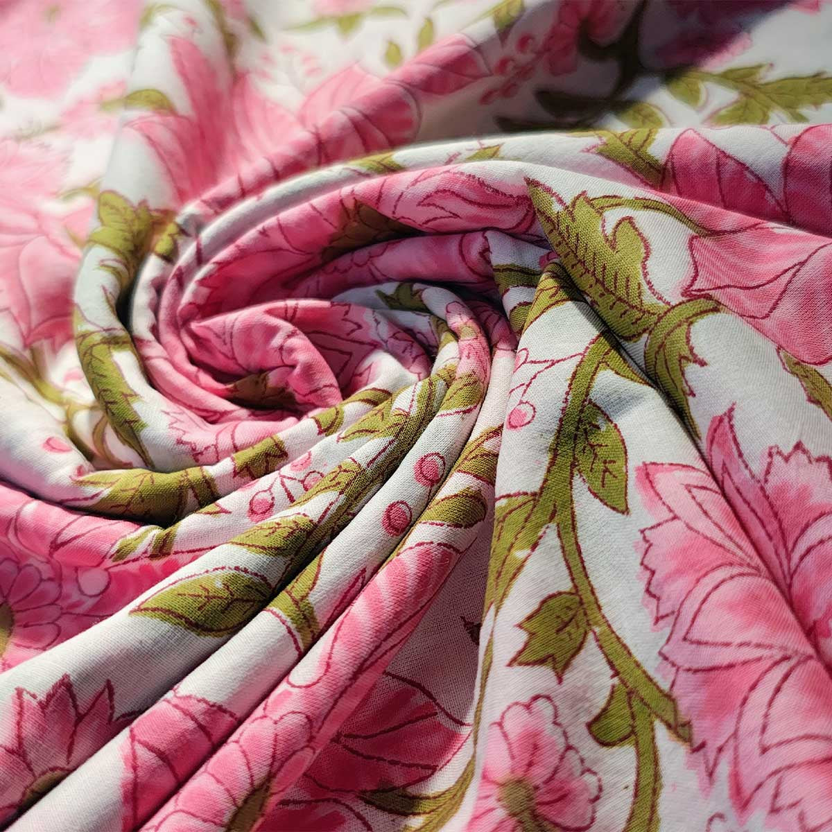 Handmade Bagru Print Textile – Pink And White Floral Print Cotton Material
