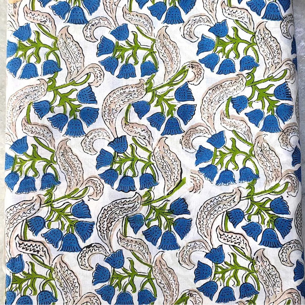 Sanganeri Hand Block Print Cotton Fabric – Green Floral Print
