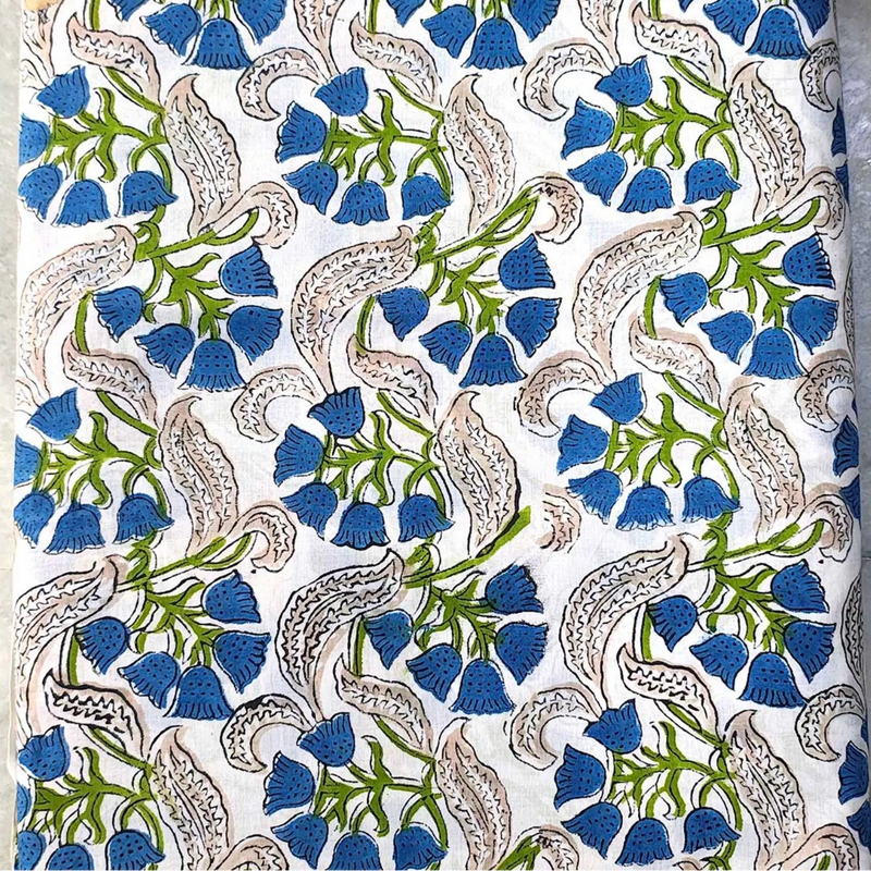 Sanganeri Hand Block Print Cotton Fabric – Green Floral Print