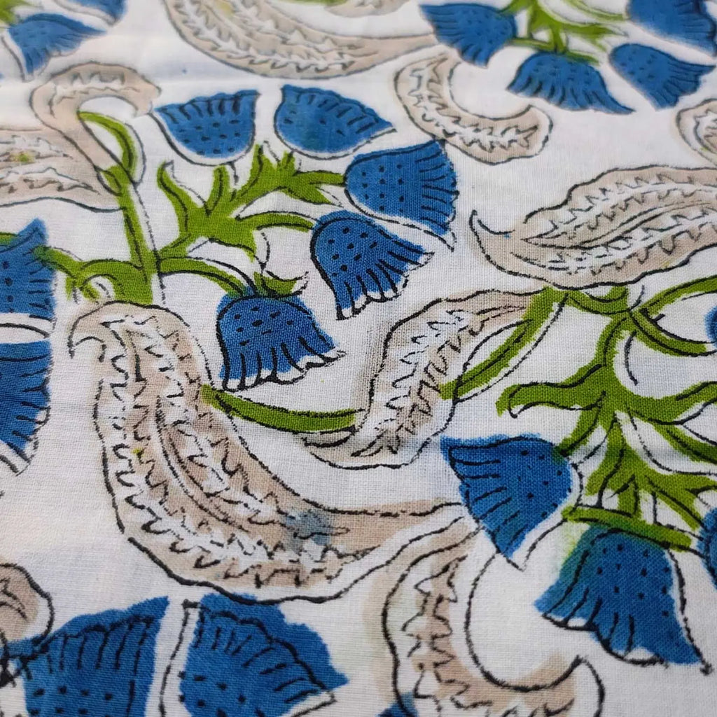 Sanganeri Hand Block Print Cotton Fabric – Green Floral Print