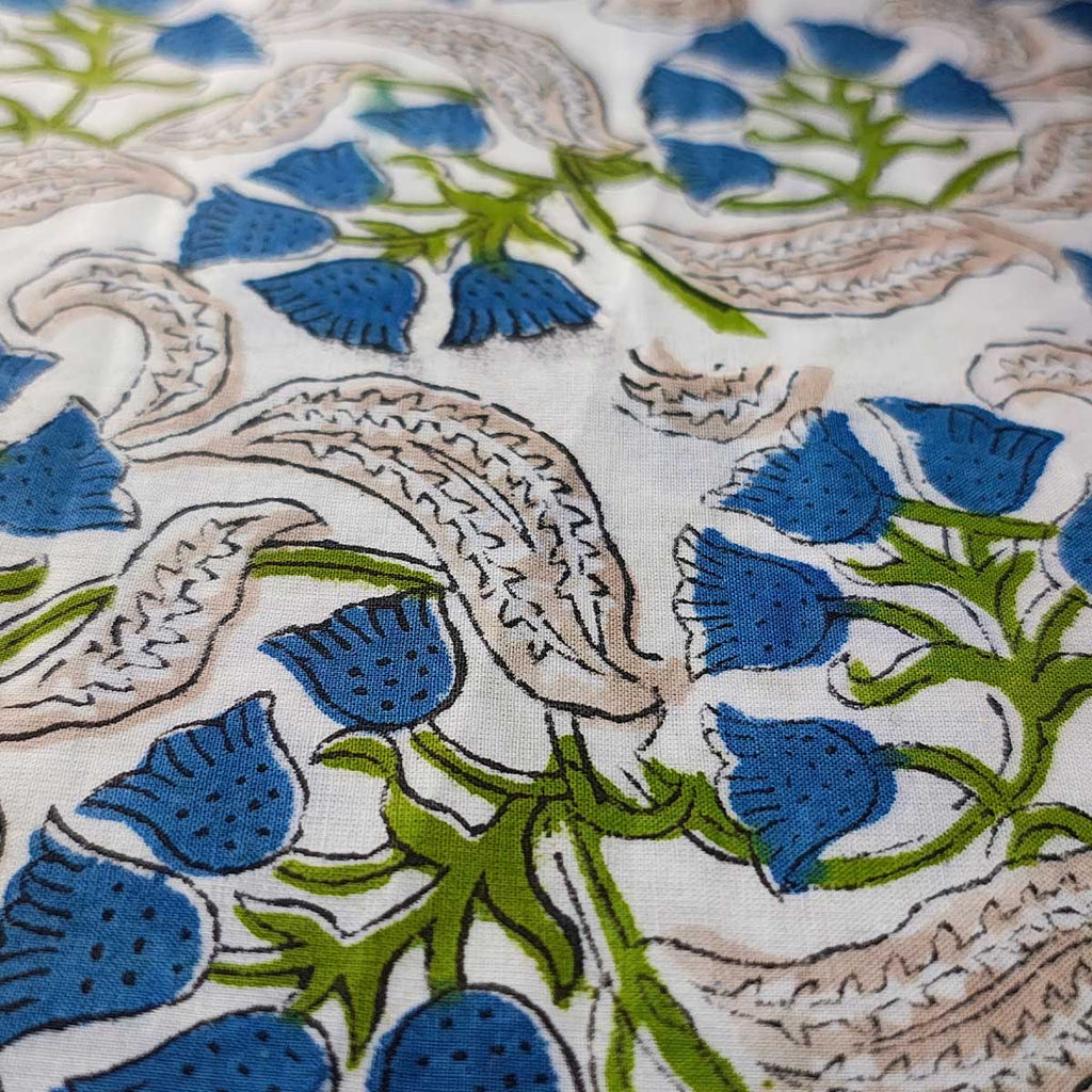 Handmade Bagru Print Textile – Green Floral Print Cotton Material