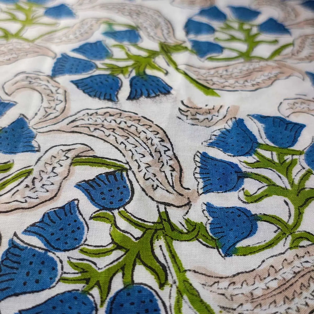Sanganeri Hand Block Print Cotton Fabric – Green Floral Print